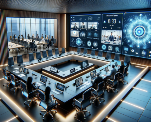 Image showcasing a hybrid meeting setup with in-person and virtual participants using Microsoft Teams, and a futuristic conference room with integrated technology, has been created.